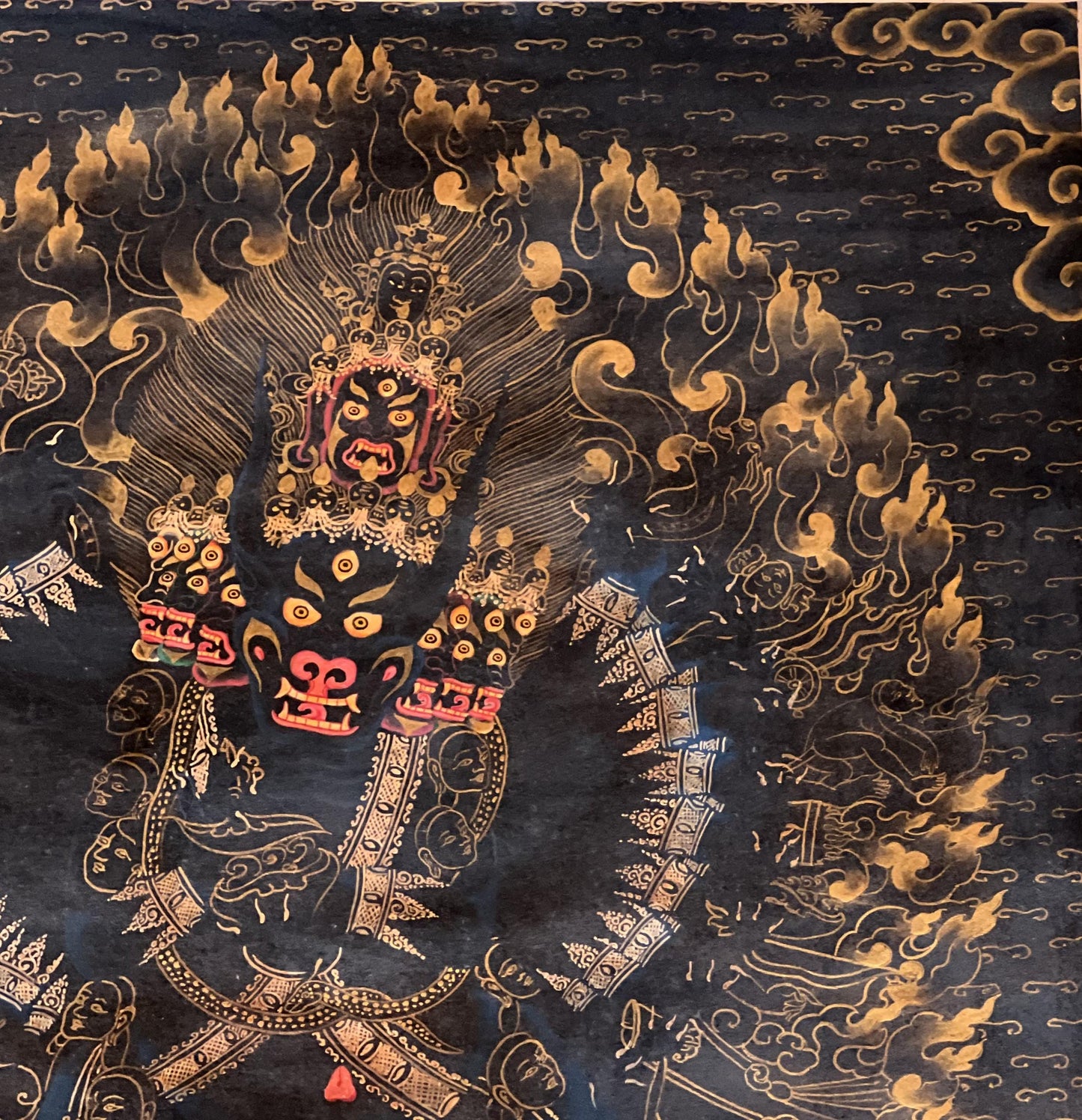 Hand-Painted Yamantaka Thangka – Black and Gold Tibetan Art
