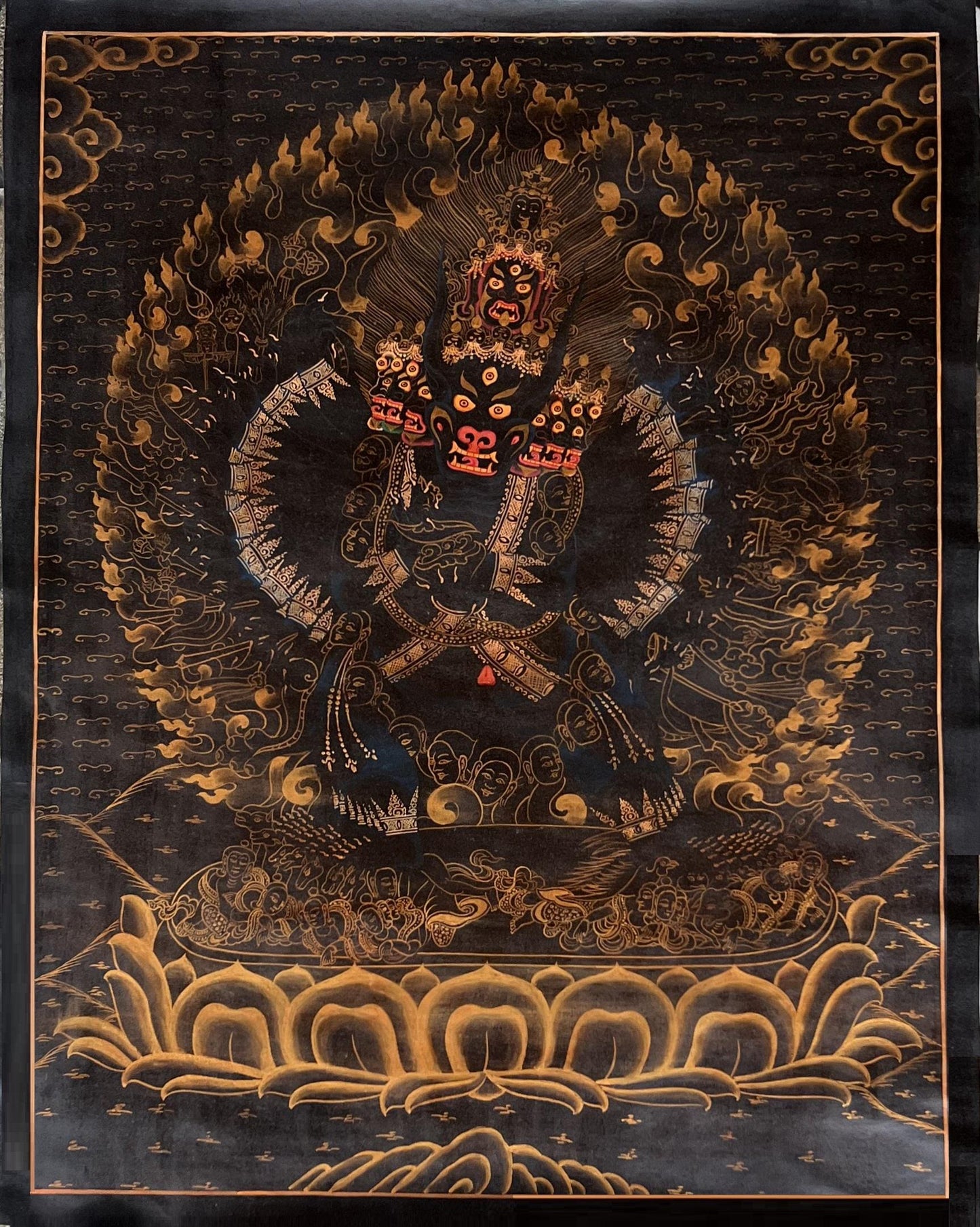Hand-Painted Yamantaka Thangka – Black and Gold Tibetan Art