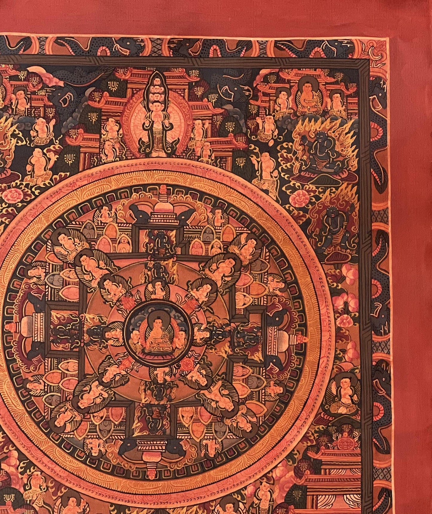 Buddha Life Mandala Tibetan Thangka with Avalokiteshvara – Hand Painted Oil-Varnished Meditation Art