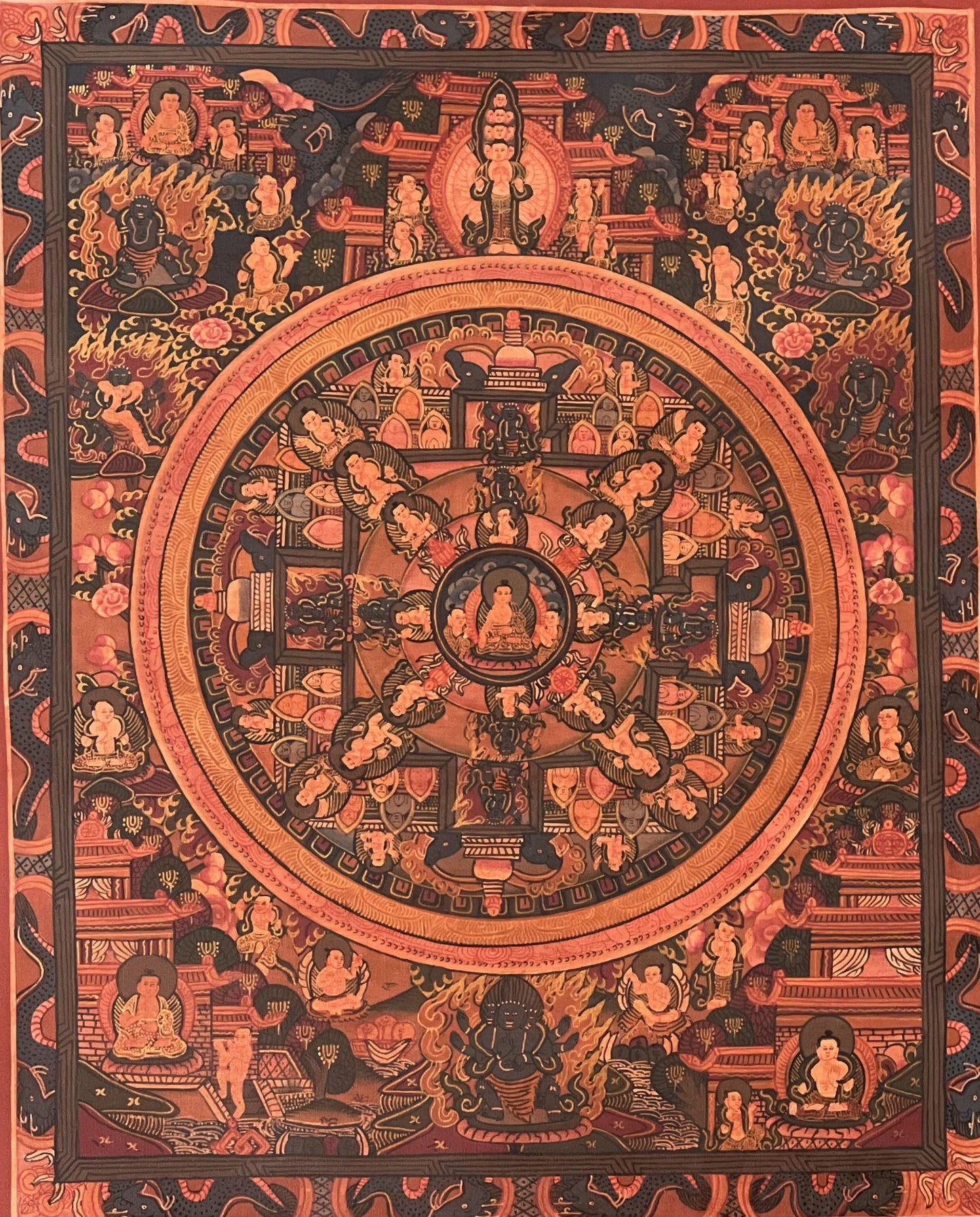 Buddha Life Mandala Tibetan Thangka with Avalokiteshvara – Hand Painted Oil-Varnished Meditation Art