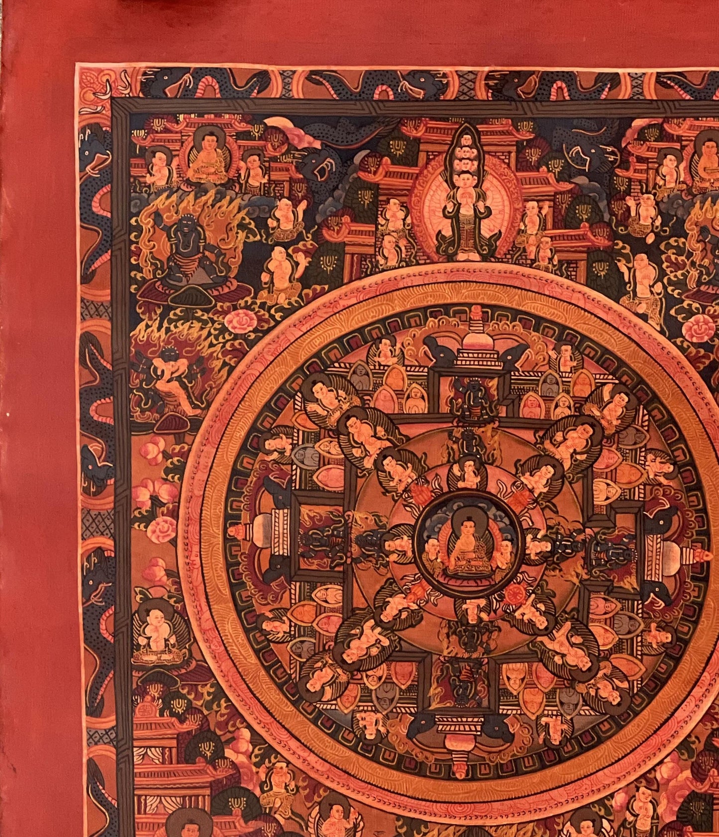 Buddha Life Mandala Tibetan Thangka with Avalokiteshvara – Hand Painted Oil-Varnished Meditation Art