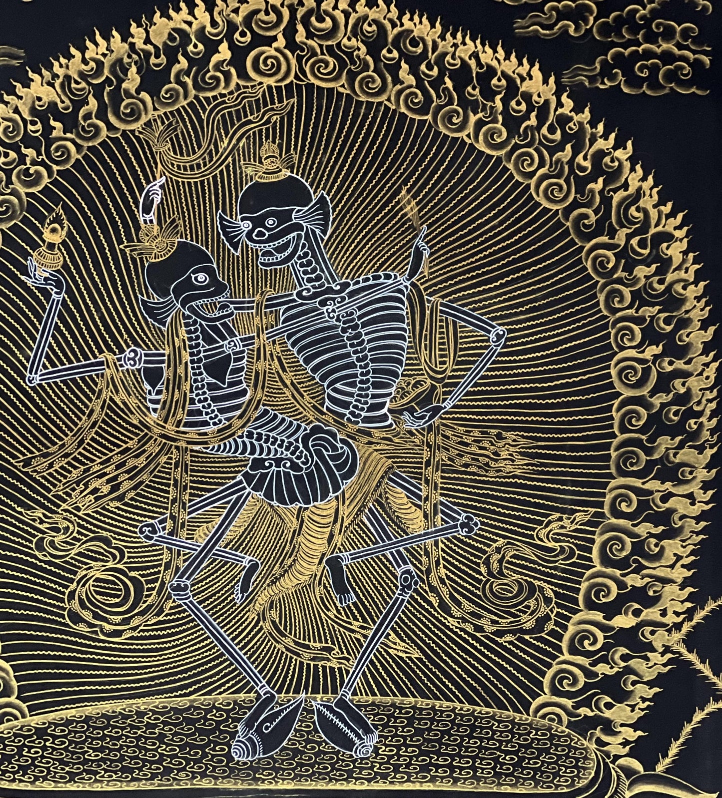 Hand-Painted Citipati Dancing Skeletons Thangka | Black and Gold Tibetan Art