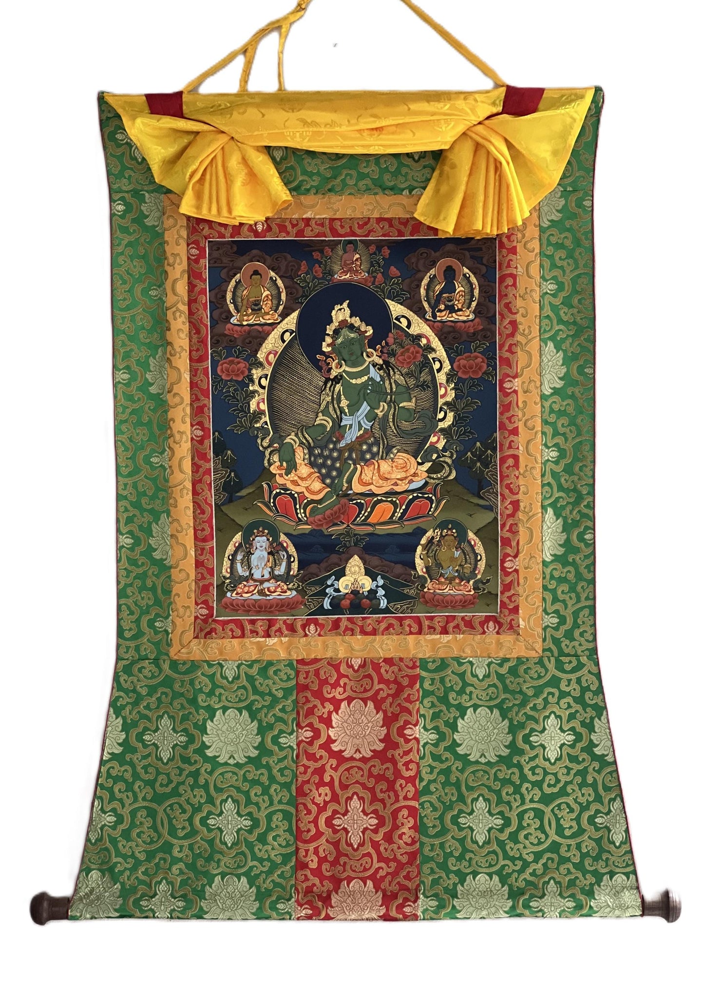 Hand-Painted Green Tara Thangka – Tibetan Buddhist Art with Silk Brocade