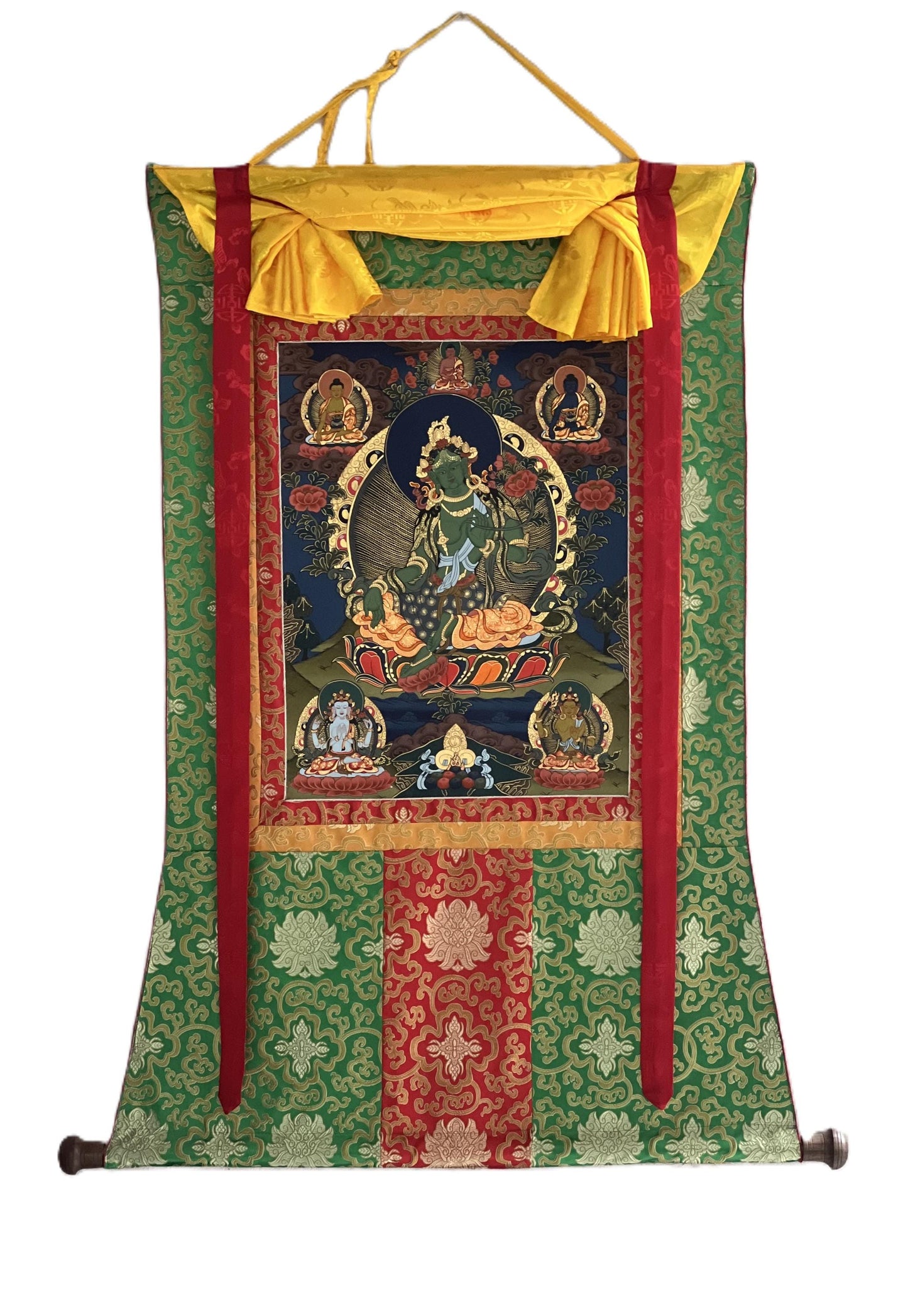 Hand-Painted Green Tara Thangka – Tibetan Buddhist Art with Silk Brocade
