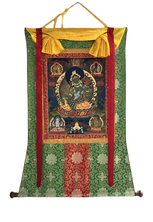 Hand-Painted Green Tara Thangka – Tibetan Buddhist Art with Silk Brocade