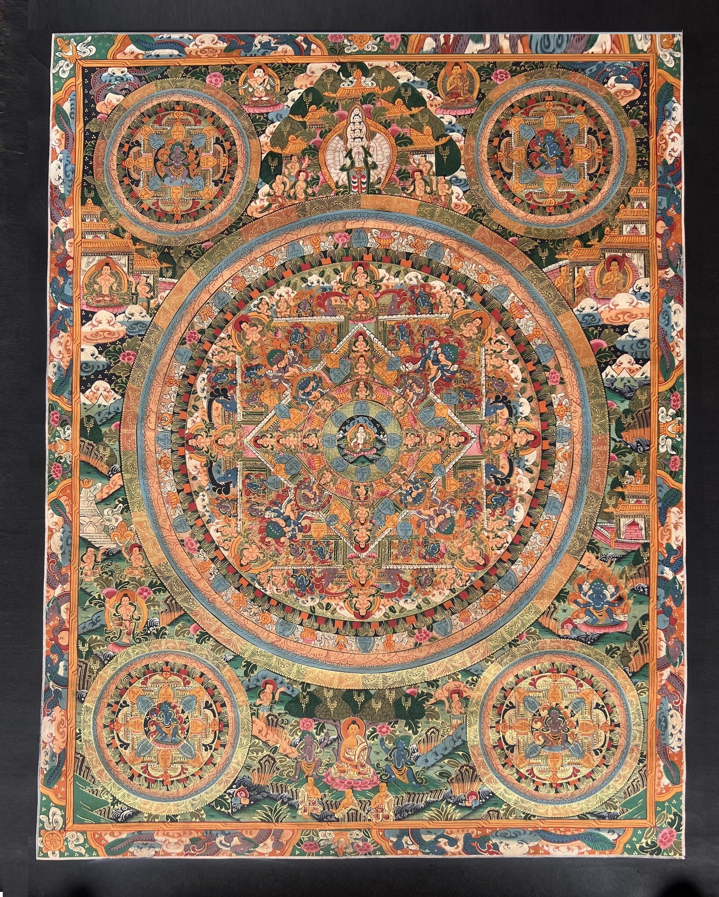 Hand-Painted Tibetan Buddha Thangka – Avalokiteshvara Buddha Life Mandala Art (24x32 in)