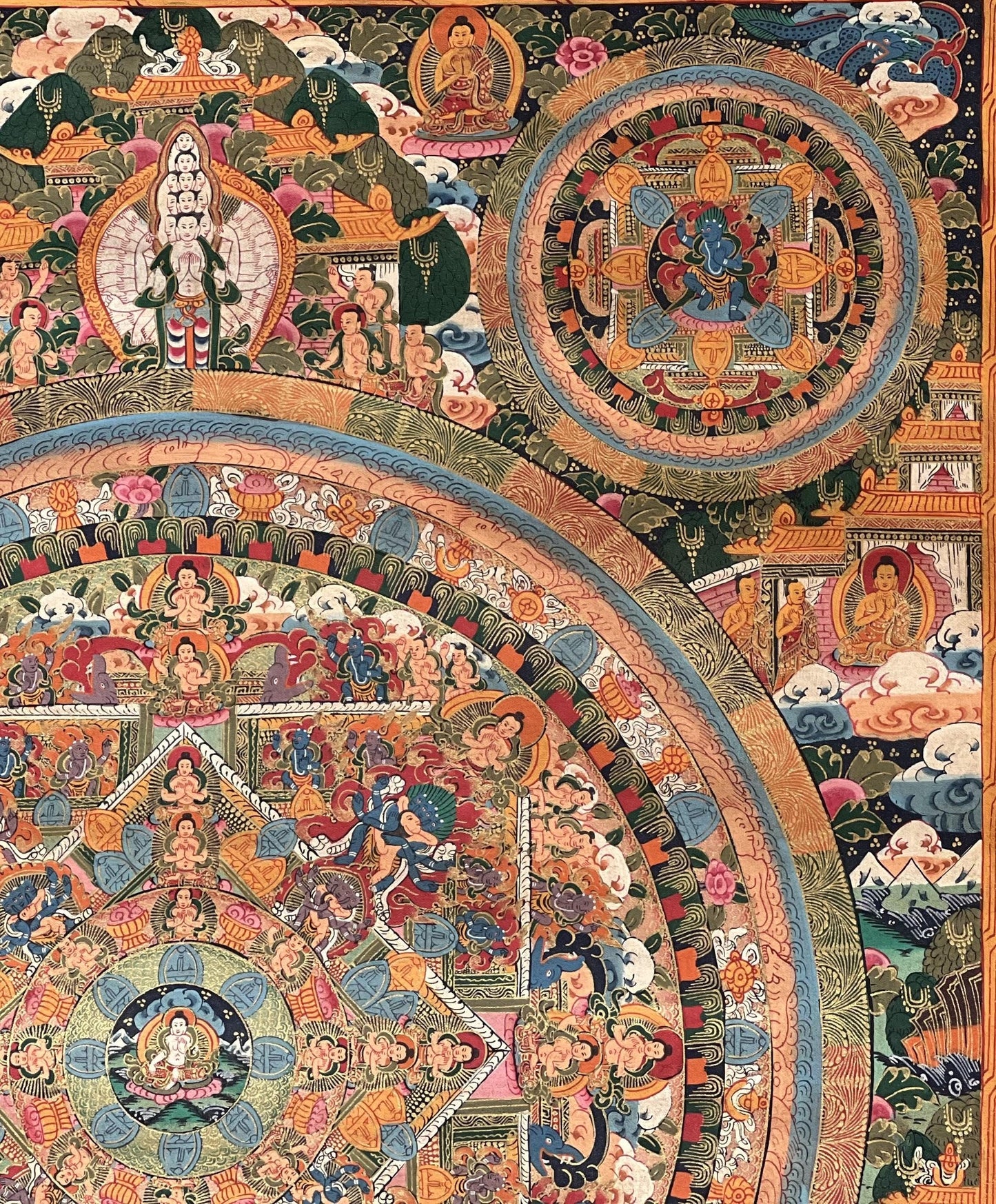 Hand-Painted Tibetan Buddha Thangka – Avalokiteshvara Buddha Life Mandala Art (24x32 in)