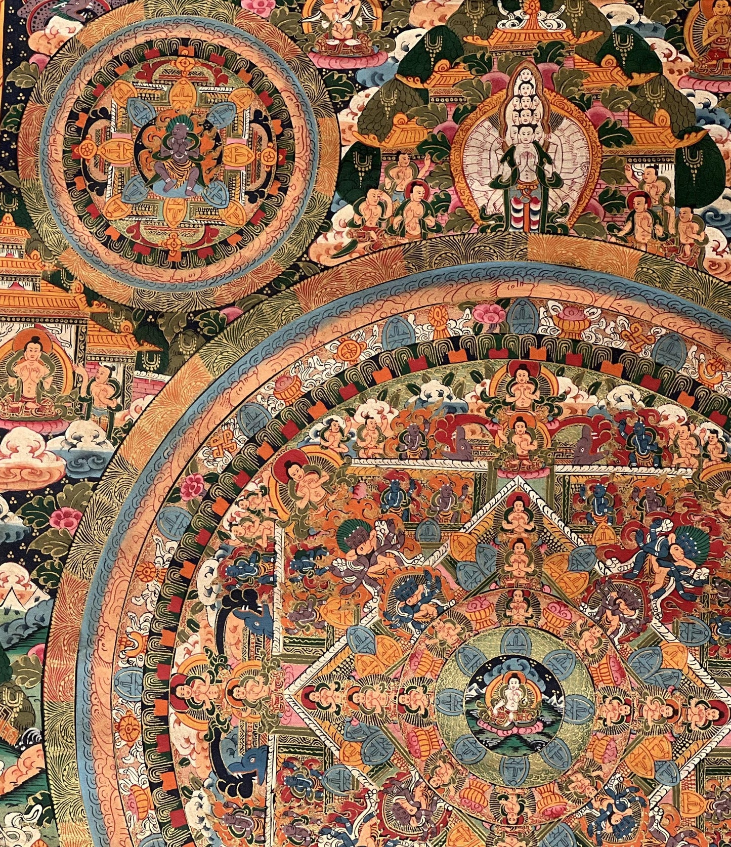 Hand-Painted Tibetan Buddha Thangka – Avalokiteshvara Buddha Life Mandala Art (24x32 in)