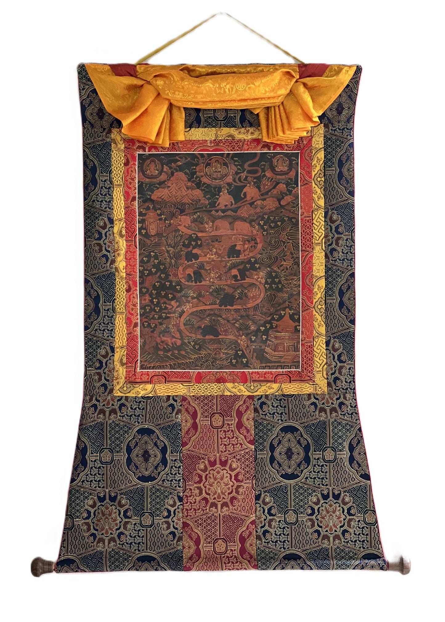 Hand-Painted Thangka – Samatha Meditation, Elephant Path, Silk Brocade