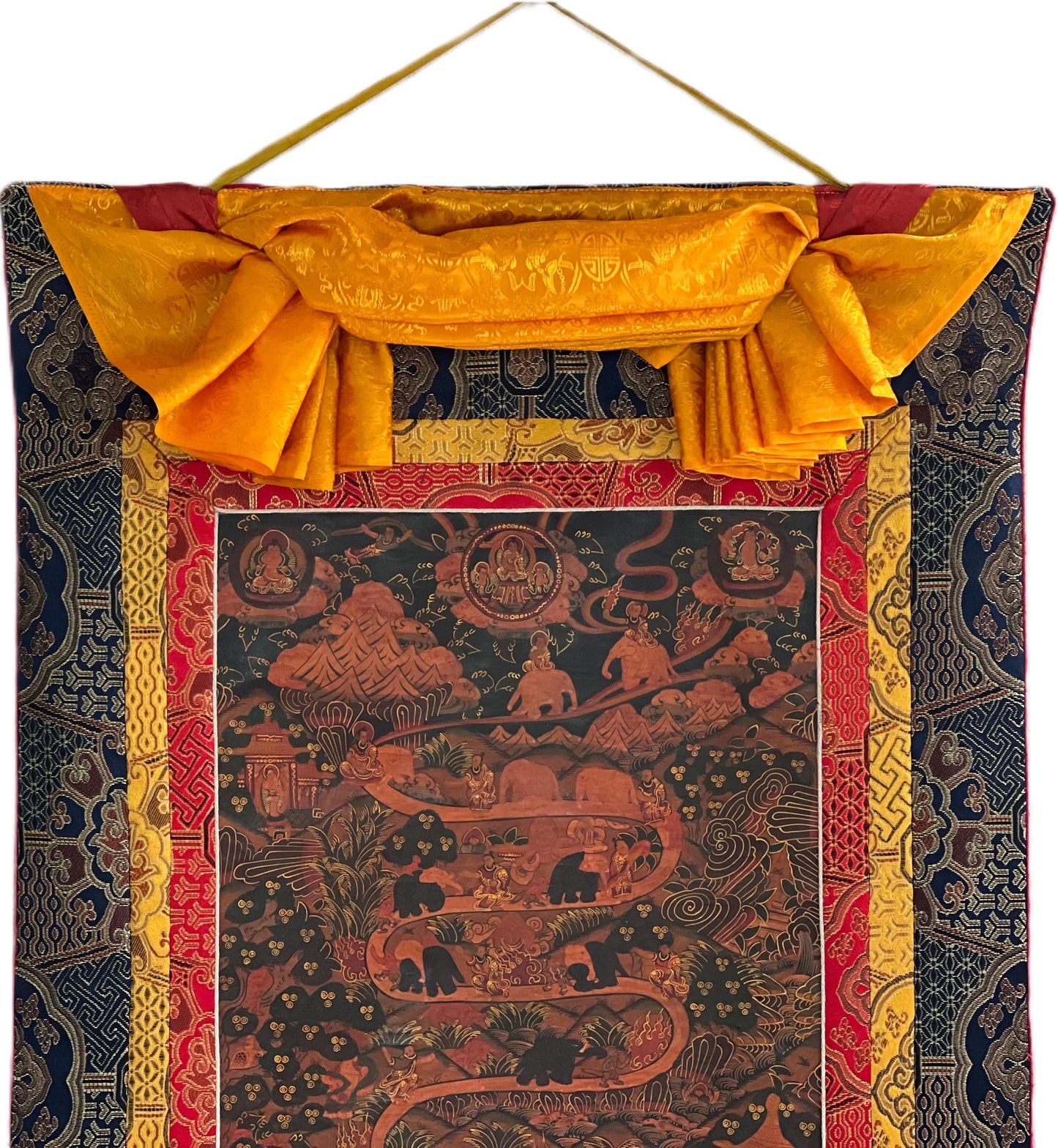 Hand-Painted Thangka – Samatha Meditation, Elephant Path, Silk Brocade