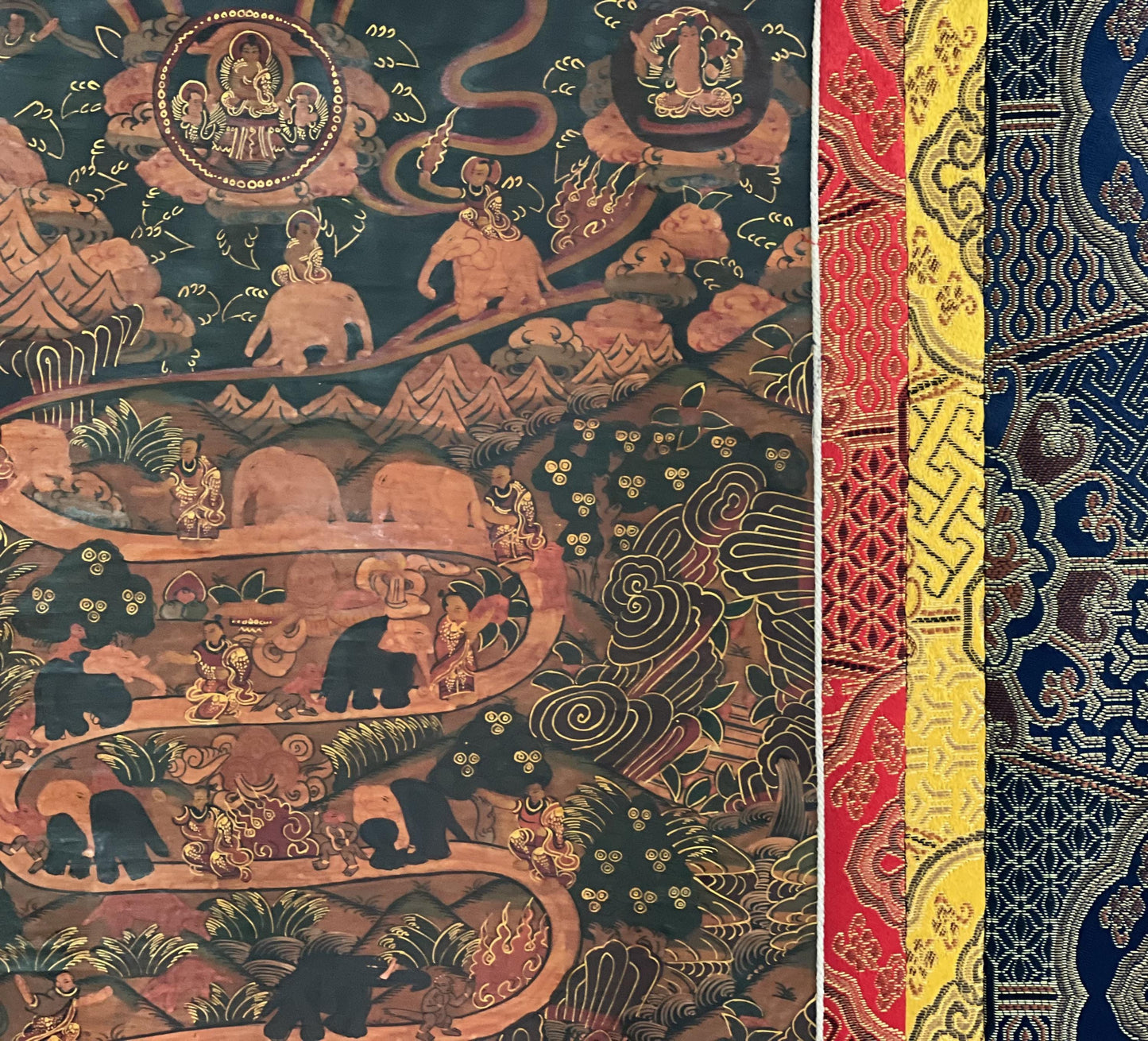 Hand-Painted Thangka – Samatha Meditation, Elephant Path, Silk Brocade