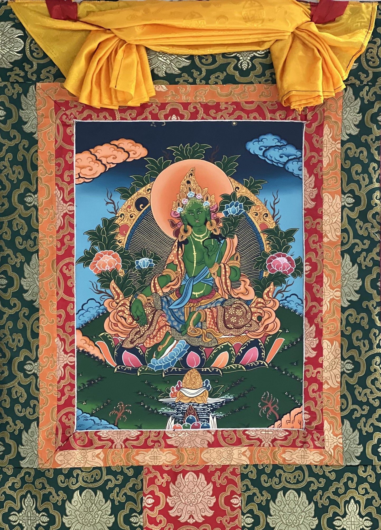 Hand-Painted Green Tara Thangka – Tibetan Silk Brocade Wall Art