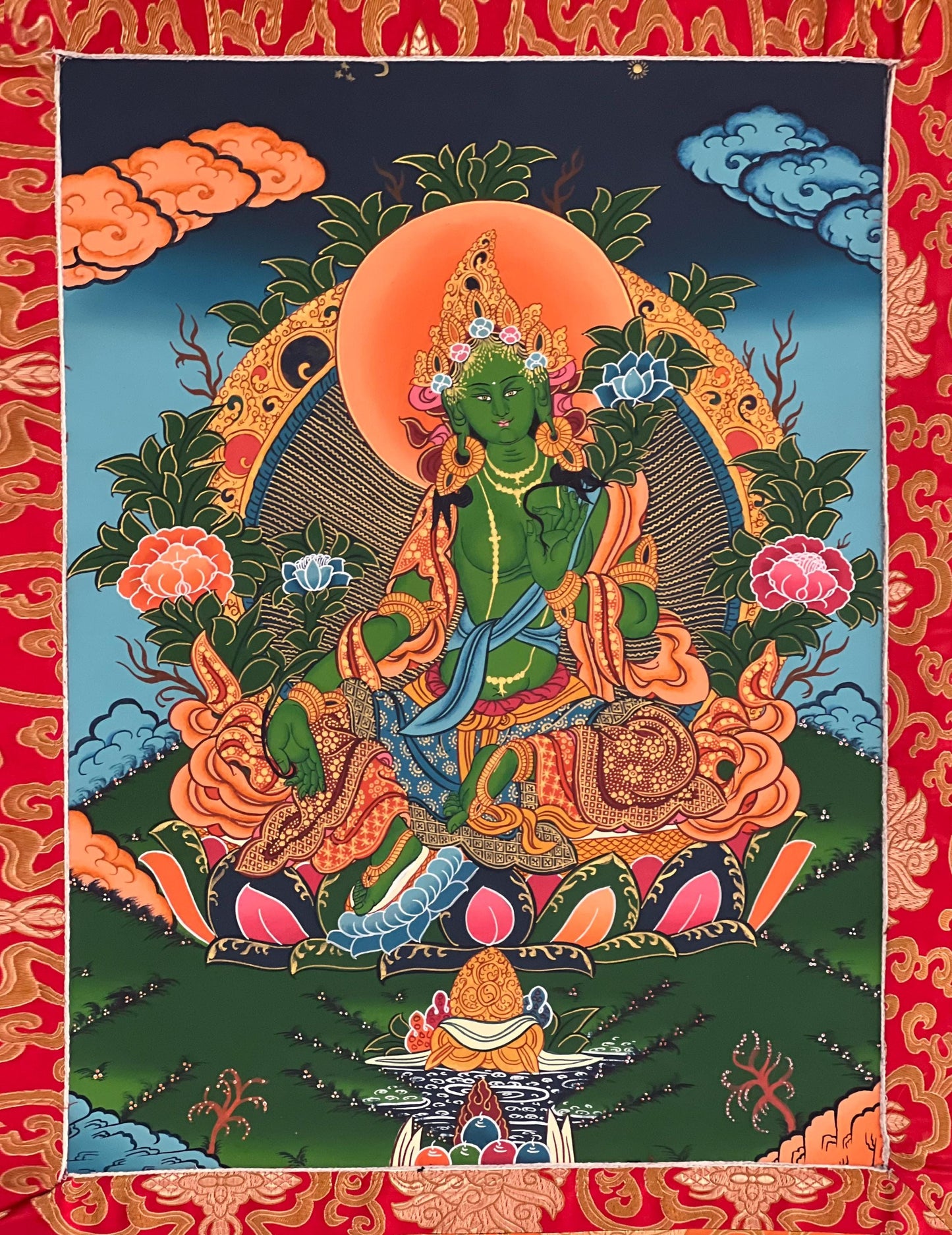 Hand-Painted Green Tara Thangka – Tibetan Silk Brocade Wall Art