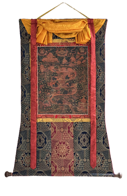Hand-Painted Thangka – Samatha Meditation, Elephant Path, Silk Brocade