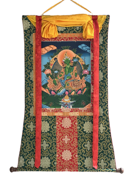 Hand-Painted Green Tara Thangka – Tibetan Silk Brocade Wall Art
