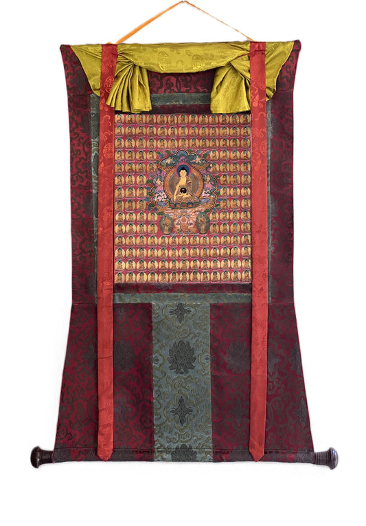 Hand-Painted Shakyamuni Buddha Thangka – Tibetan Art with Silk Brocade