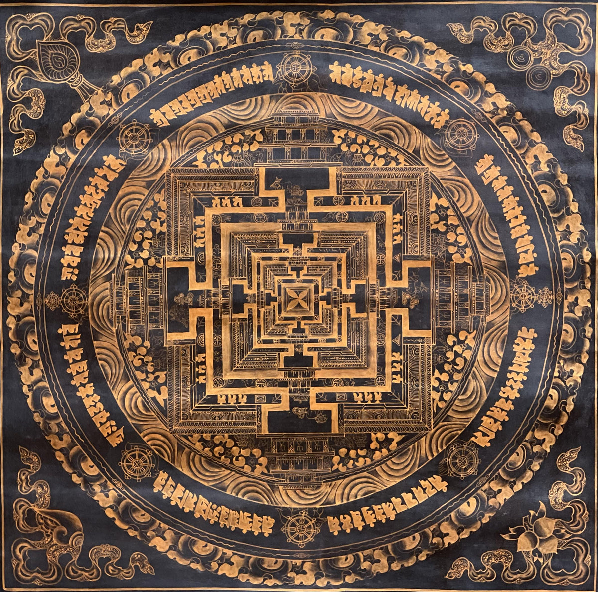 Hand-Painted Black and Gold Kalachakra Mandala Thangka - Tibetan Art
