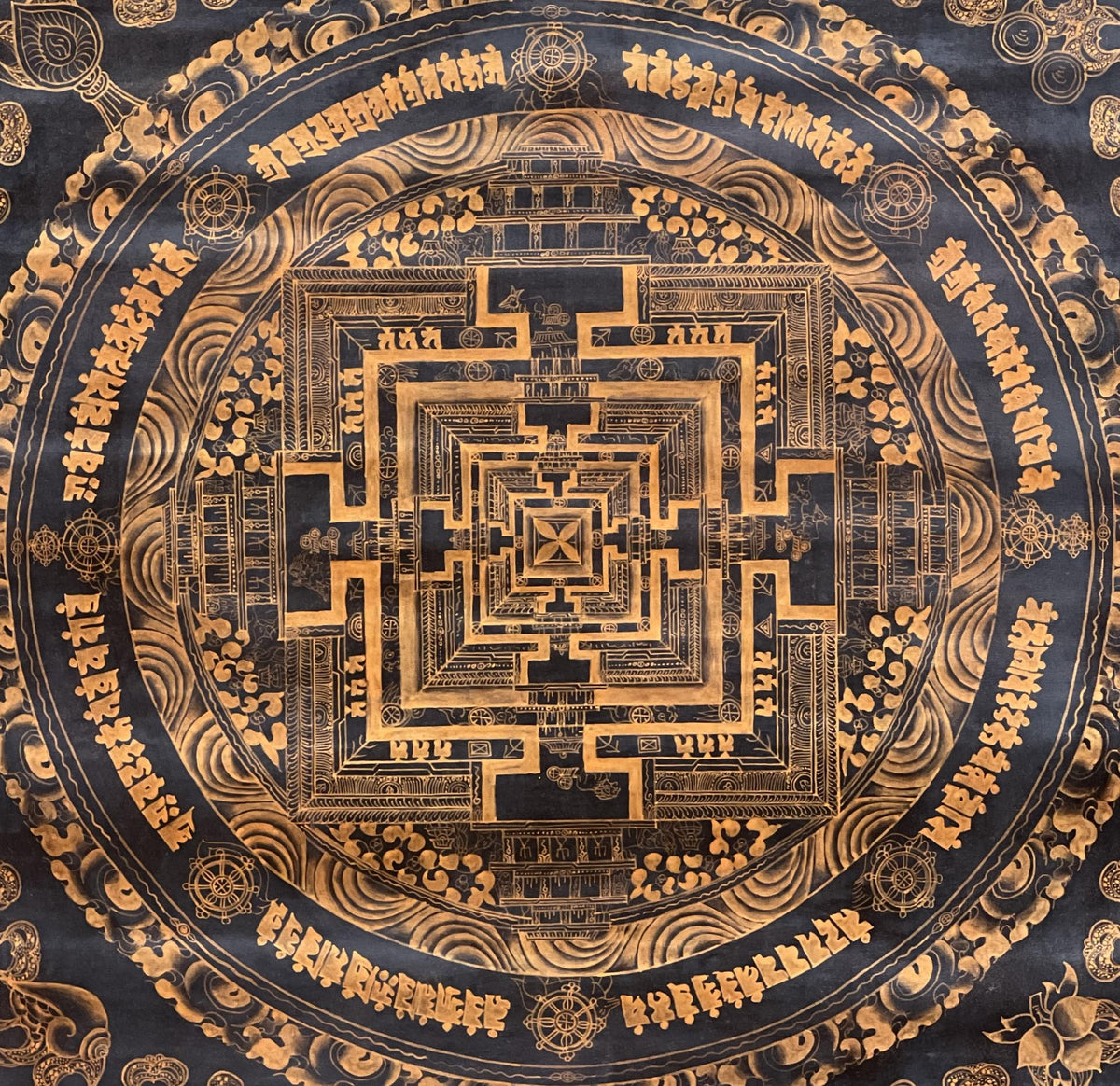 Hand-Painted Black and Gold Kalachakra Mandala Thangka - Tibetan Art