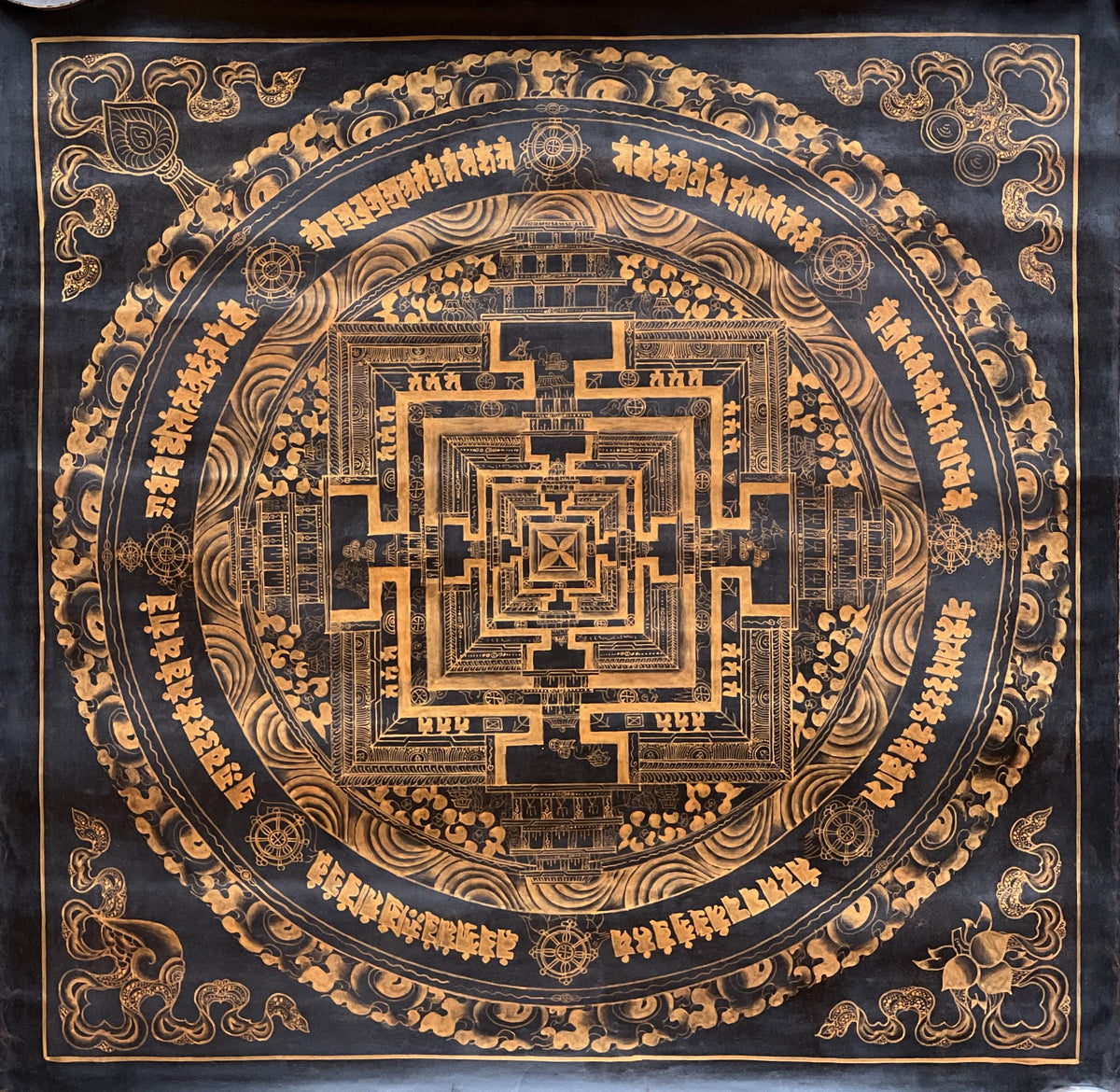 Hand-Painted Black and Gold Kalachakra Mandala Thangka - Tibetan Art