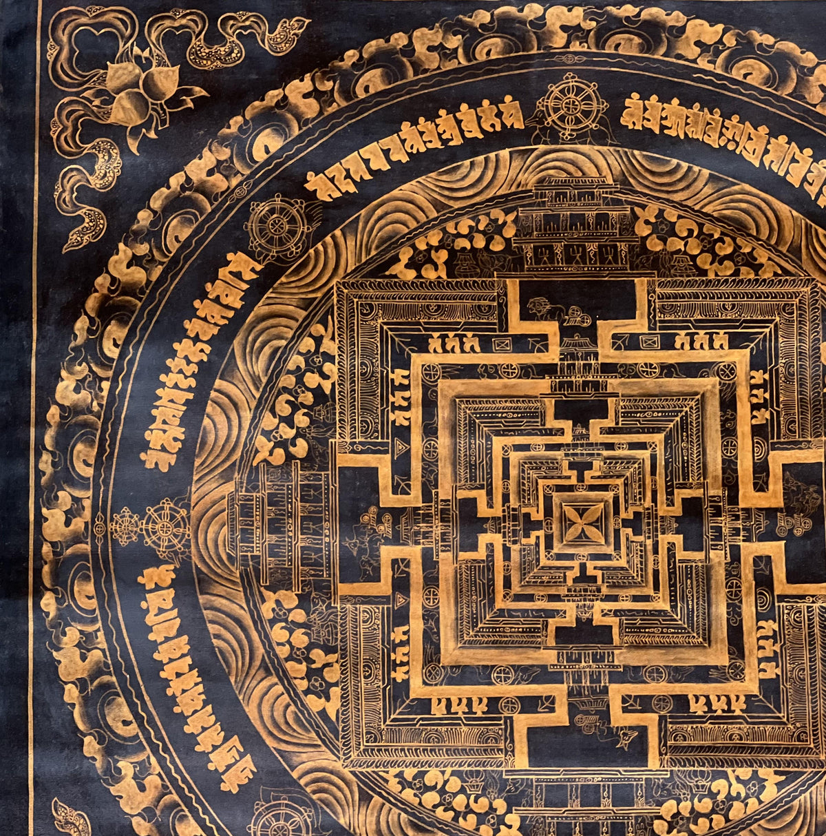 Hand-Painted Black and Gold Kalachakra Mandala Thangka - Tibetan Art
