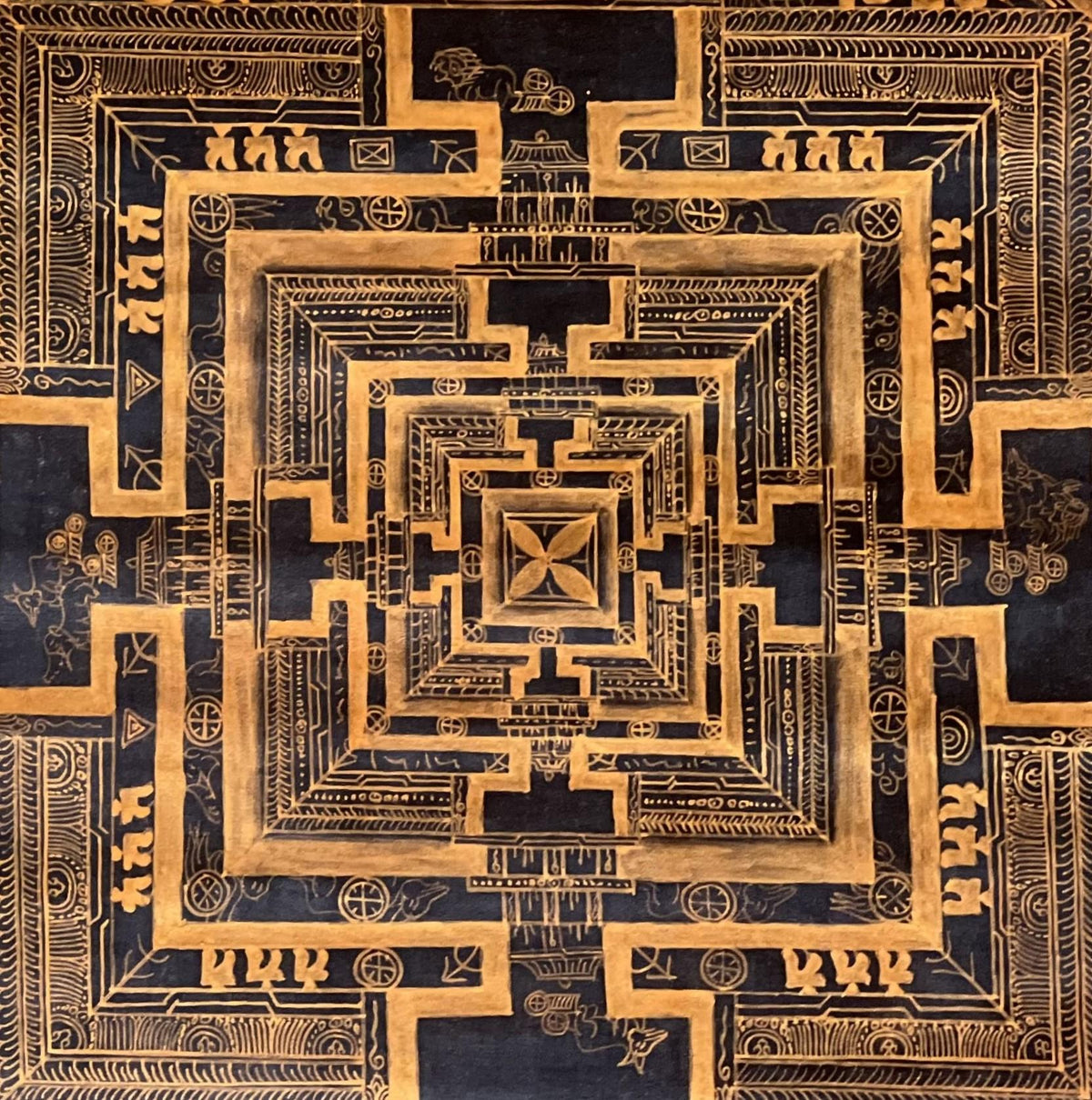 Hand-Painted Black and Gold Kalachakra Mandala Thangka - Tibetan Art