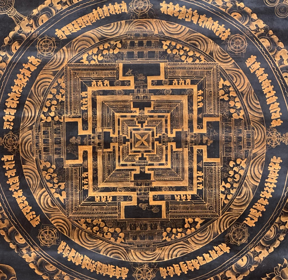 Hand-Painted Black and Gold Kalachakra Mandala Thangka - Tibetan Art