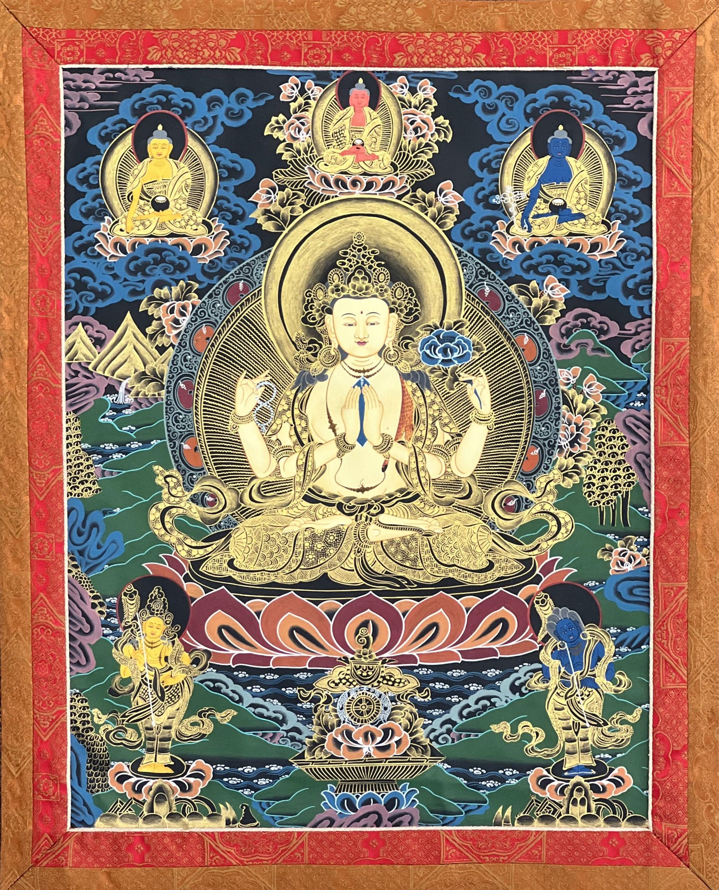 Hand-Painted Avalokiteshvara Thangka | Chenrezig Compassion Buddha | Master Quality Tibetan Meditation Art with Narrow Border
