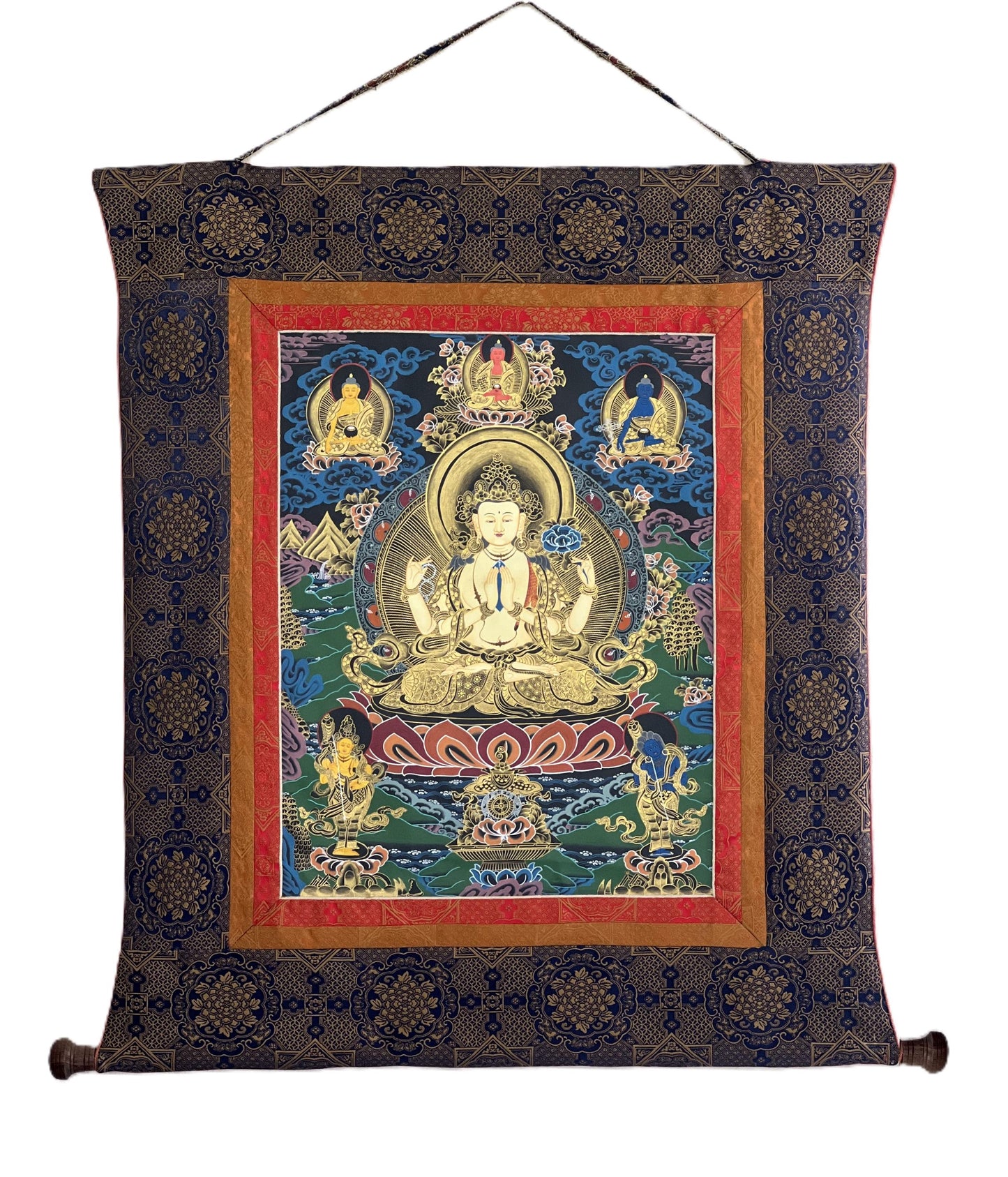 Hand-Painted Avalokiteshvara Thangka | Chenrezig Compassion Buddha | Master Quality Tibetan Meditation Art with Narrow Border