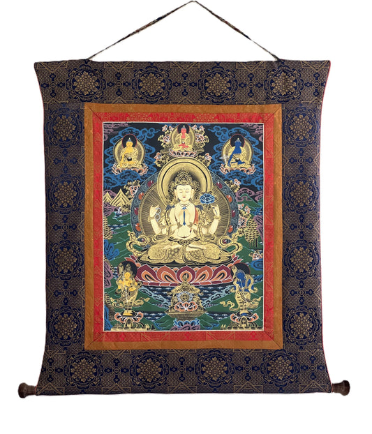 Hand-Painted Avalokiteshvara Thangka | Chenrezig Compassion Buddha | Master Quality Tibetan Meditation Art with Narrow Border