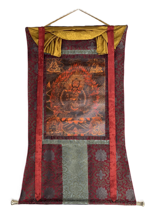 Yamantaka Thangka Painting – Vintage Tibetan Silk Brocade Wall Art