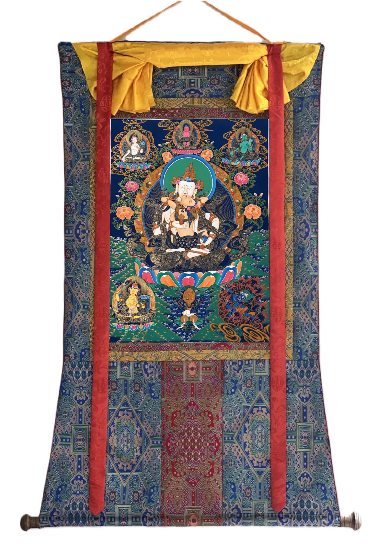 Hand-Painted Vajrasattva Shakti Thangka | Tibetan Meditation Art with Silk Brocade