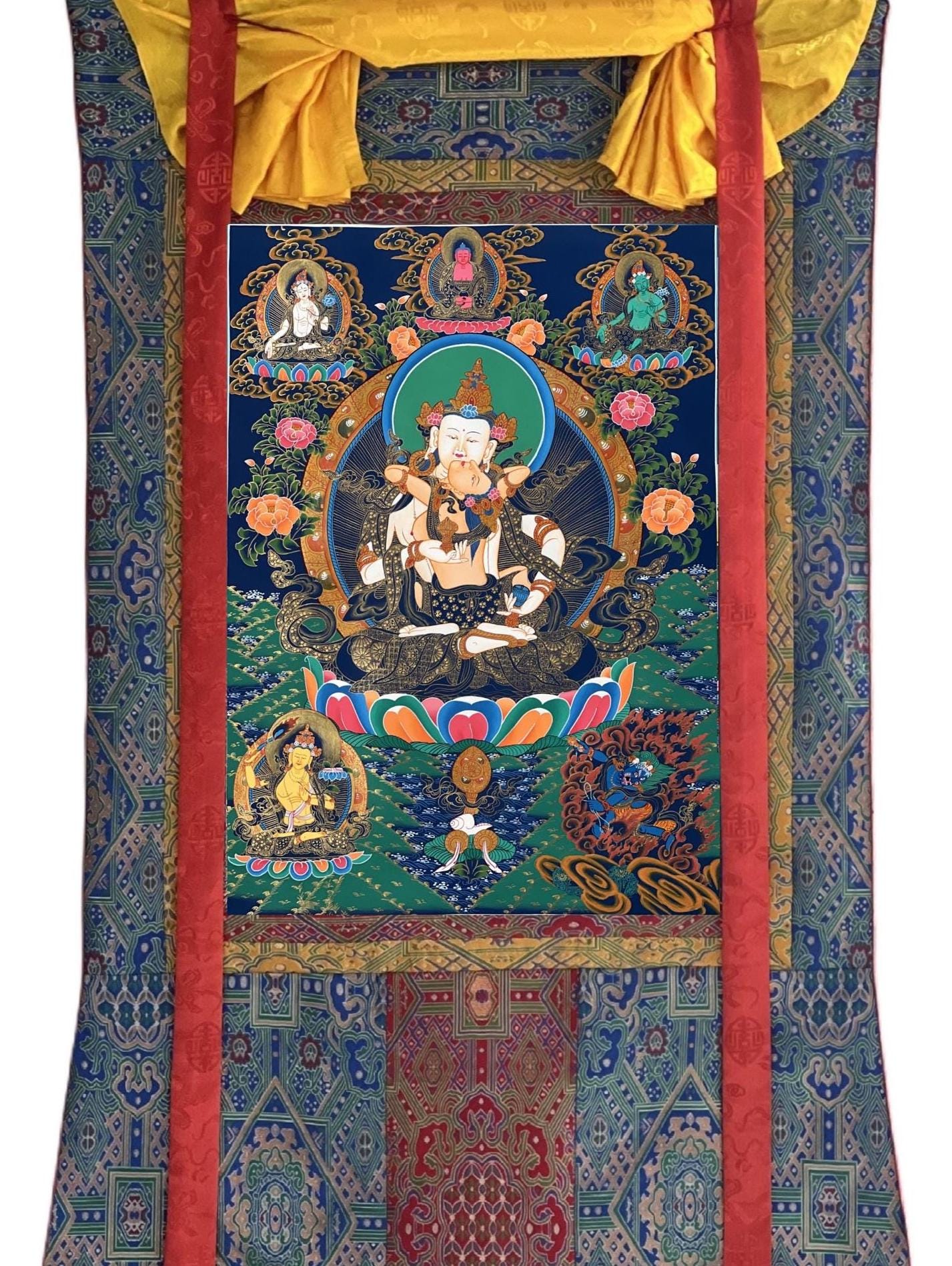 Hand-Painted Vajrasattva Shakti Thangka | Tibetan Meditation Art with Silk Brocade