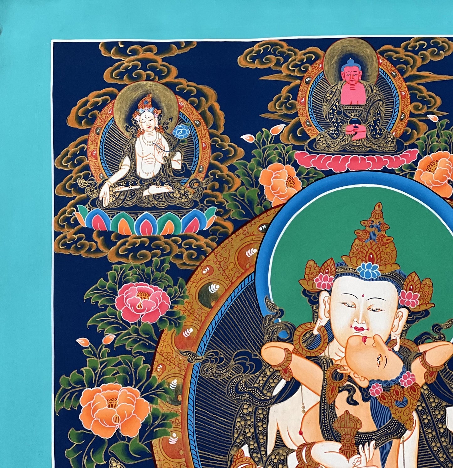 Vajrasattva with Shakti Yab Yum – Tibetan Thangka Painting with Silk Brocade