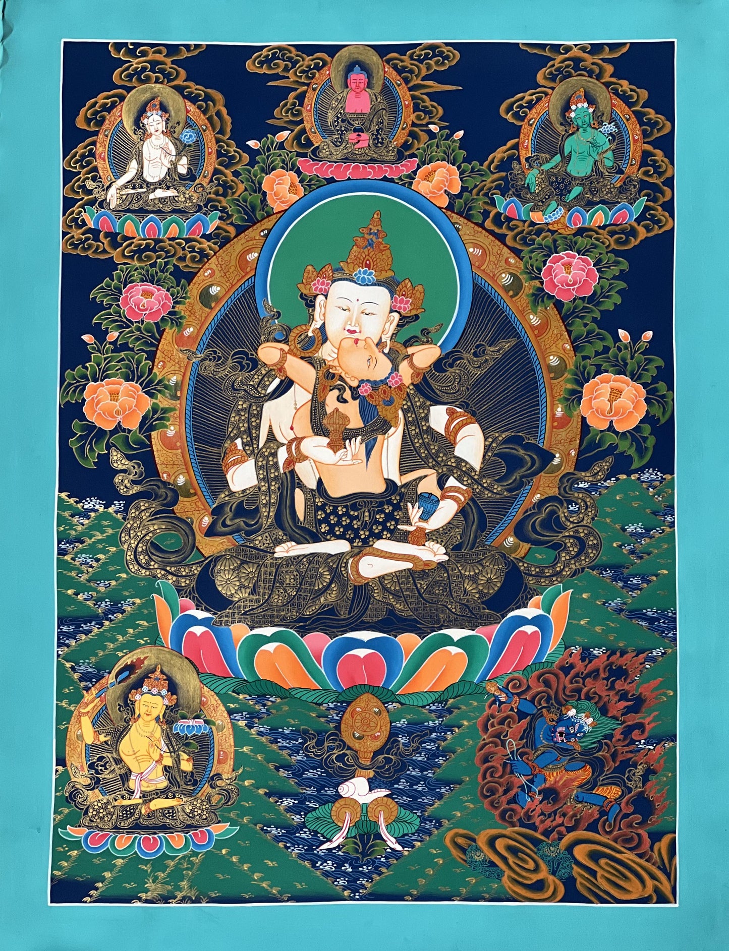 Vajrasattva with Shakti Yab Yum – Tibetan Thangka Painting with Silk Brocade