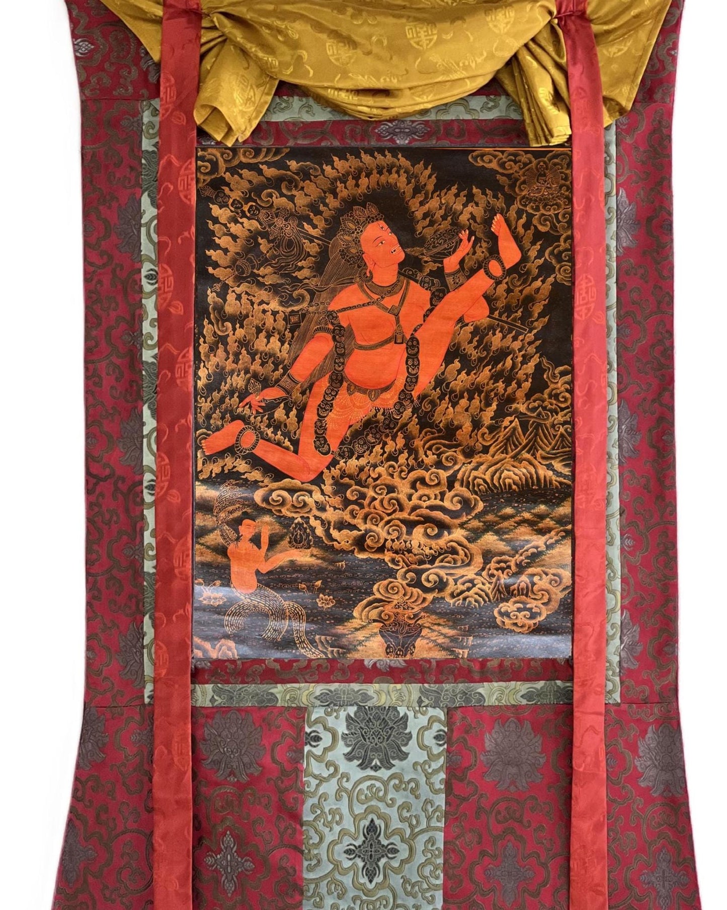Hand-Painted Akash Jogini Thangka | Oil Varnished Tibetan Art with Silk Brocade