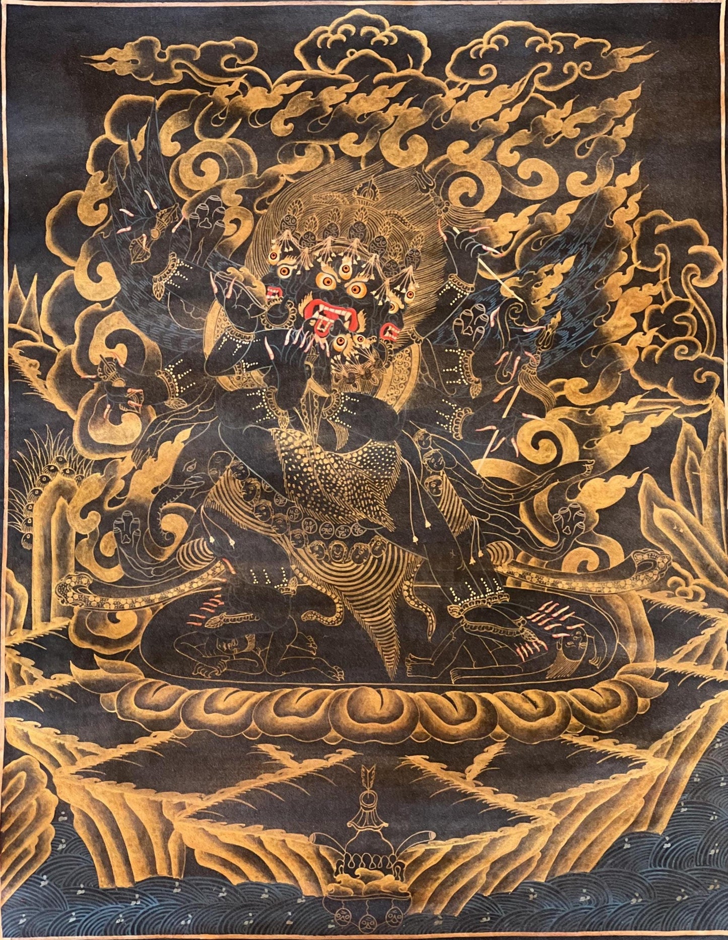 Hand-Painted Vajrakilaya Thangka | Black & Gold Tibetan Wall Art