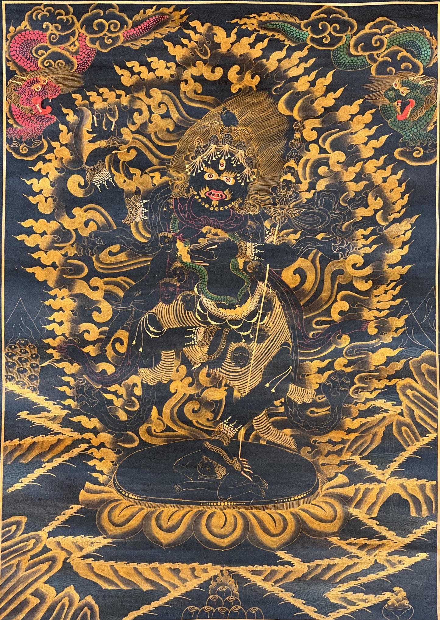 Hand-Painted Vajravarahi Thangka Art | Black & Gold Female Buddha