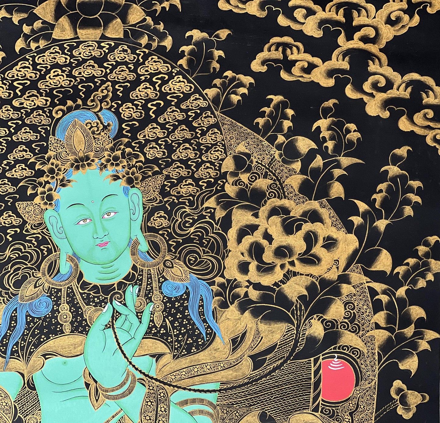 Large Green Tara Thangka | Hand-Painted Black & Gold Tibetan Goddess Art (Masterpiece)