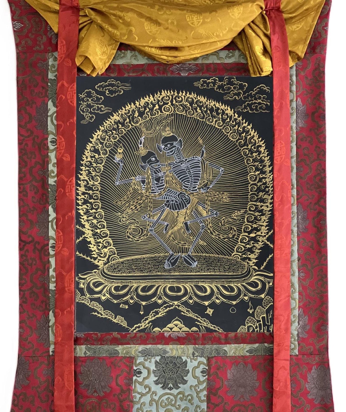 Hand-Painted Citipati Dancing Skeletons Thangka | Black and Gold Tibetan Art