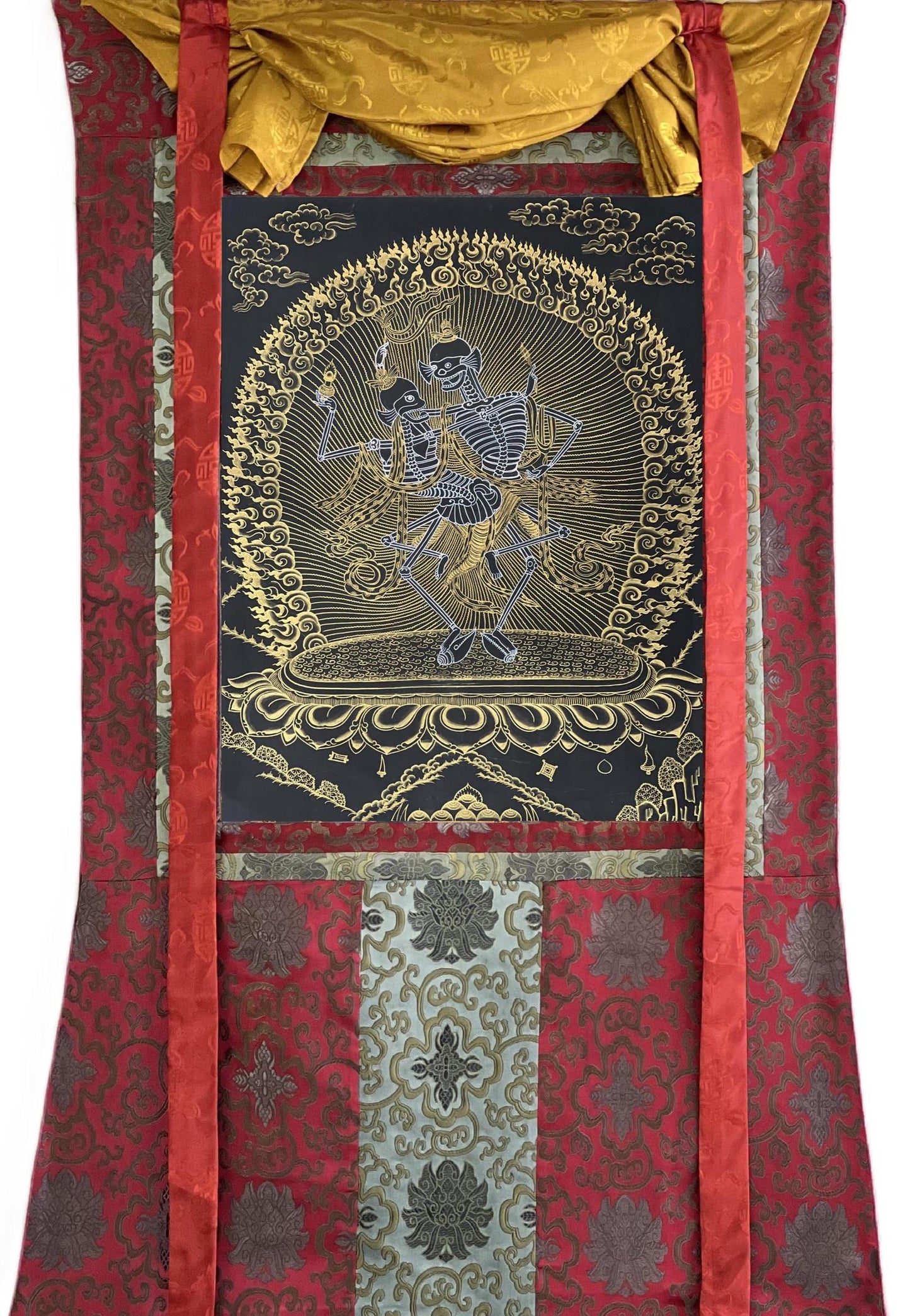Hand-Painted Citipati Dancing Skeletons Thangka | Black and Gold Tibetan Art