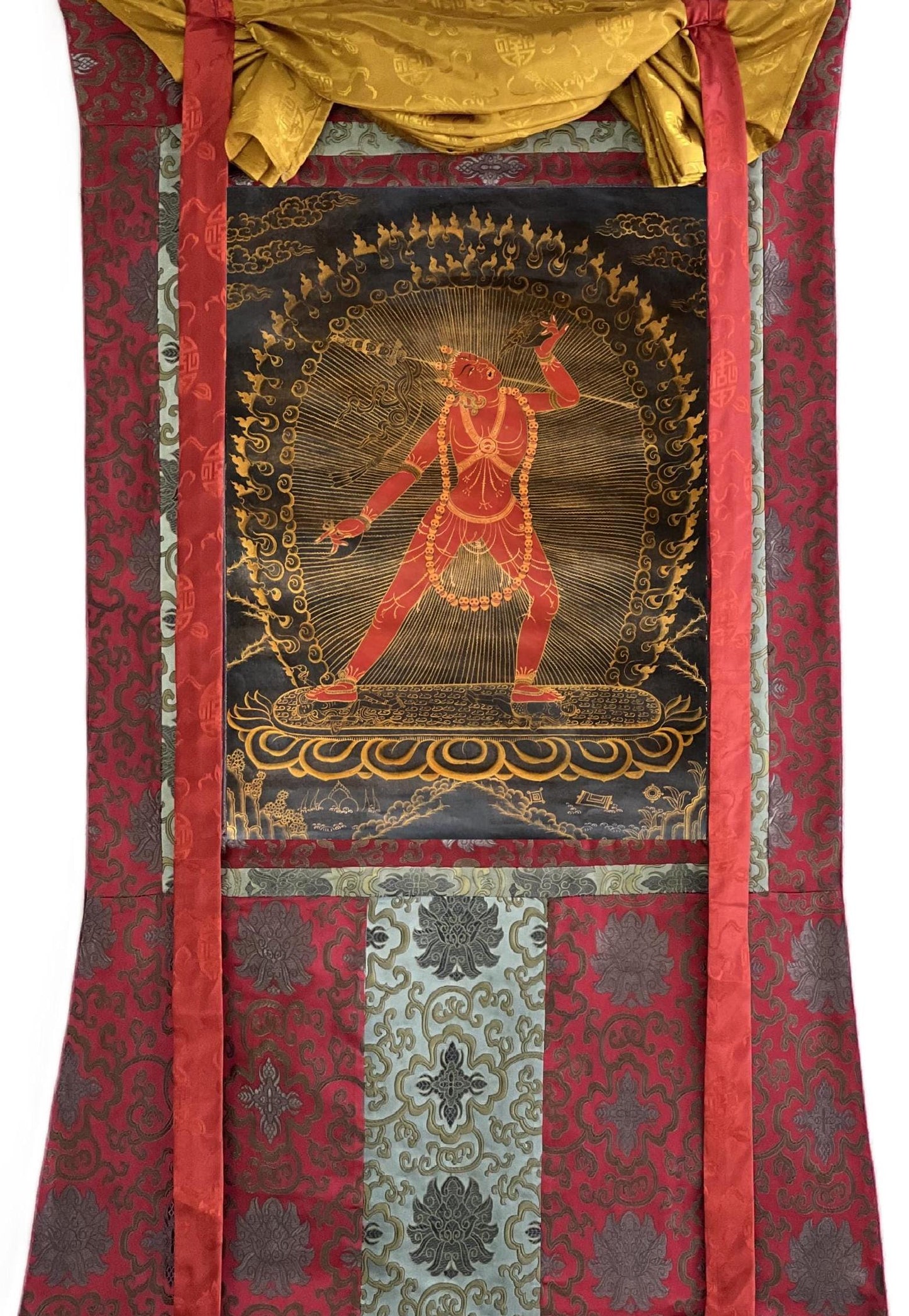 Hand-Painted Vajrayogini Thangka – Oil Varnished Tibetan Buddhist Art with Silk Brocade