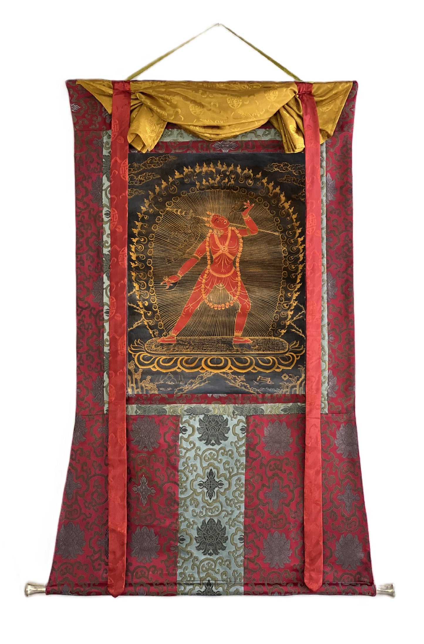 Hand-Painted Vajrayogini Thangka – Oil Varnished Tibetan Buddhist Art with Silk Brocade