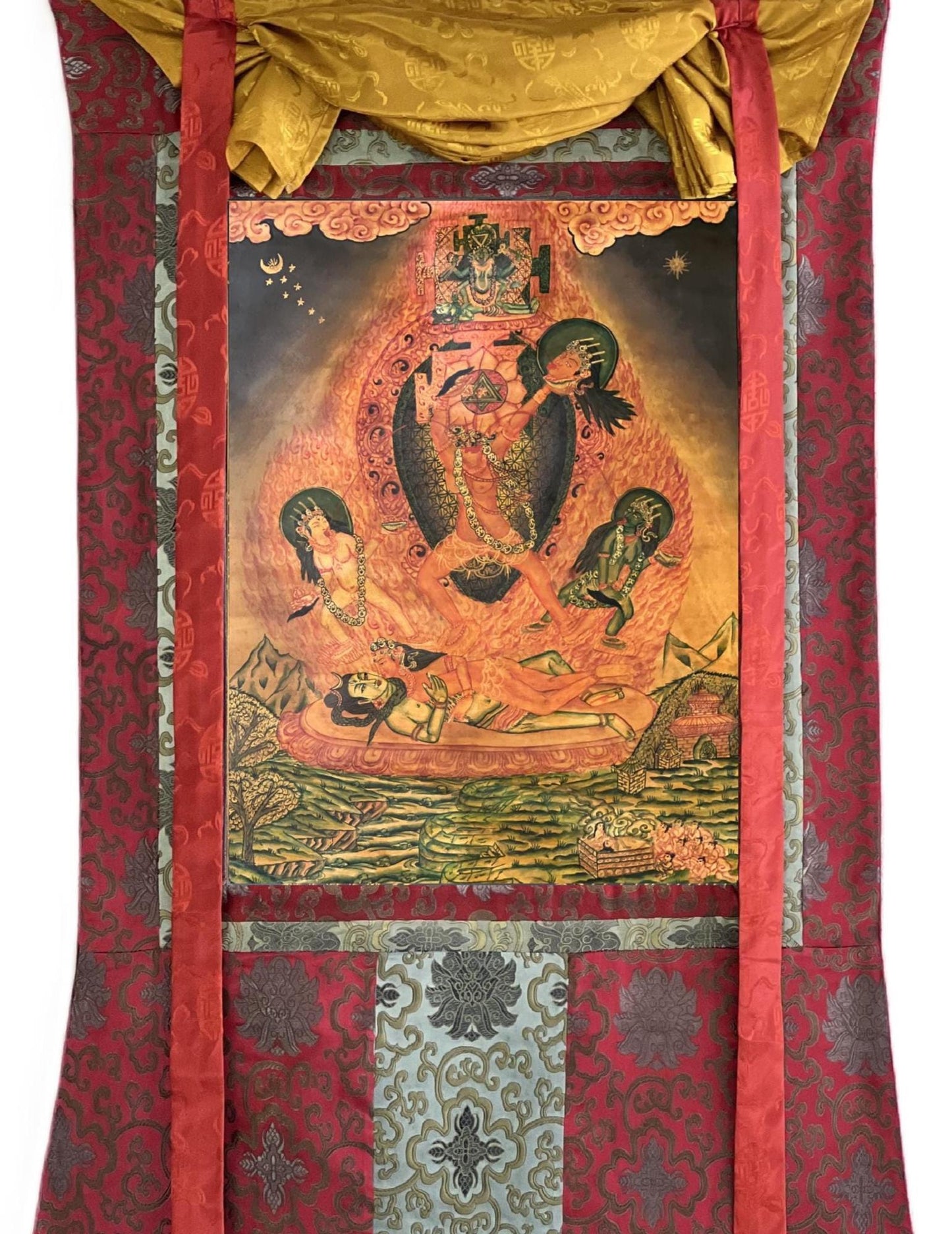 Hand-Painted Chhinnamasta Thangka – Tantric Buddhist Art with Silk Brocade