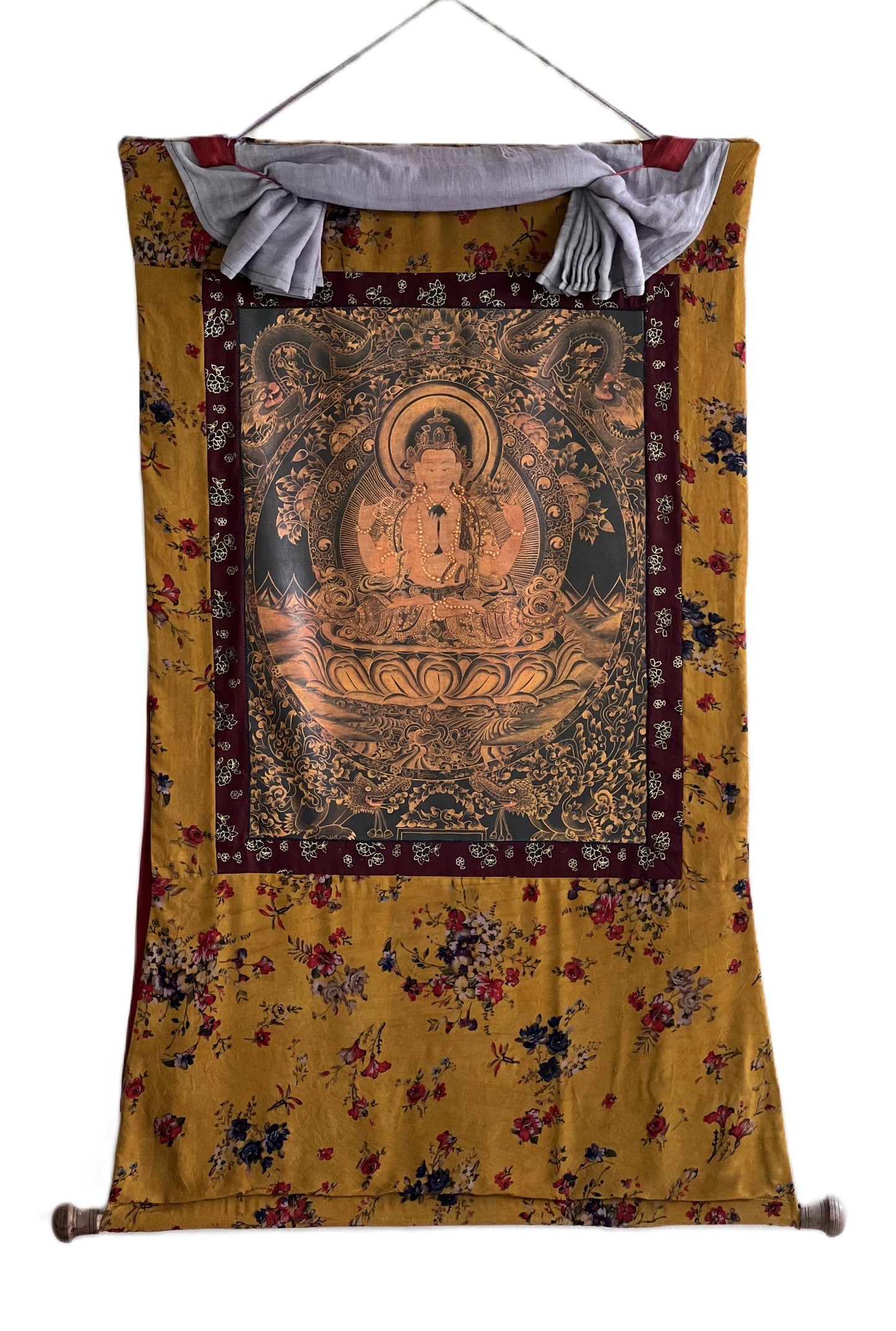 Hand-Painted Chenrezig Avalokiteshvara Compassion Buddha Thangka | Vintage Oil-Varnished Tibetan Painting with Cotton Brocade Frame