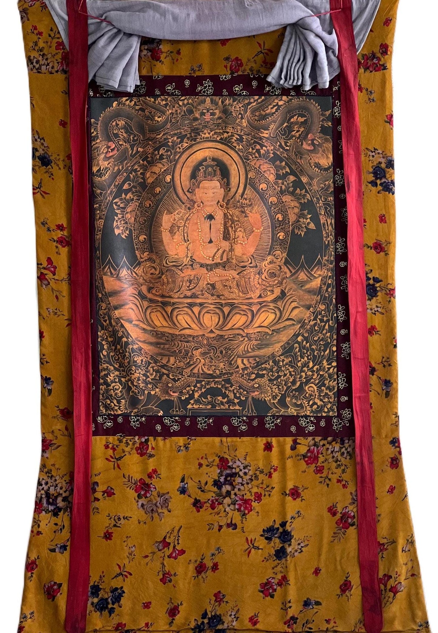 Hand-Painted Chenrezig Avalokiteshvara Compassion Buddha Thangka | Vintage Oil-Varnished Tibetan Painting with Cotton Brocade Frame
