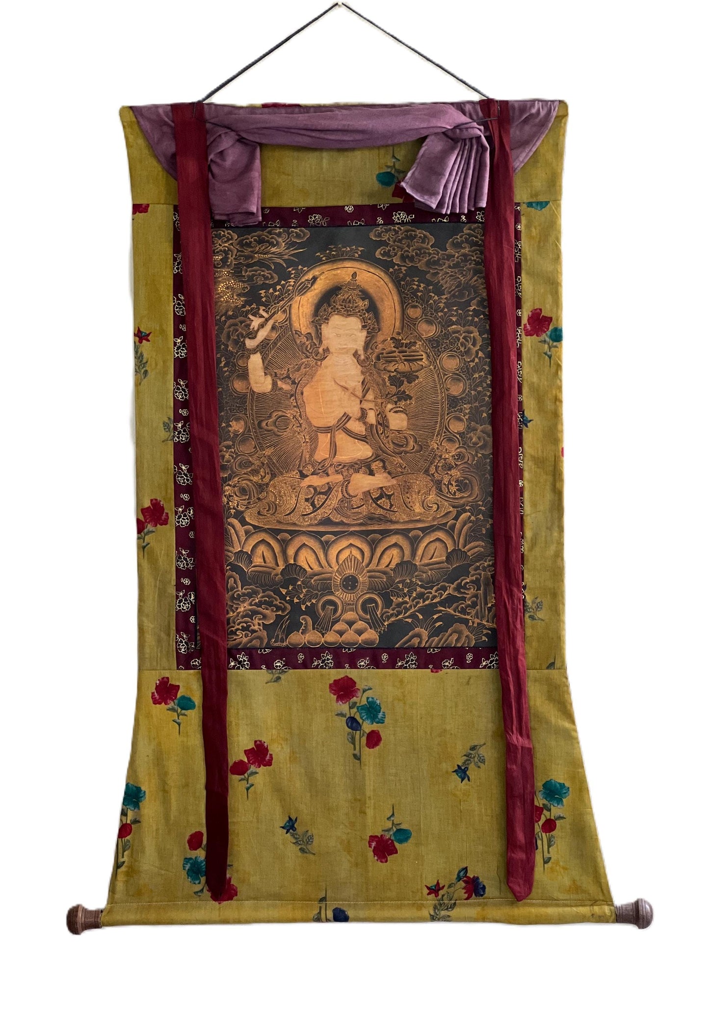 Original Hand-Painted Manjushri Bodhisattva Thangka Painting | Tibetan Compassion Meditation Art | Oil-Varnished with Cotton Brocade