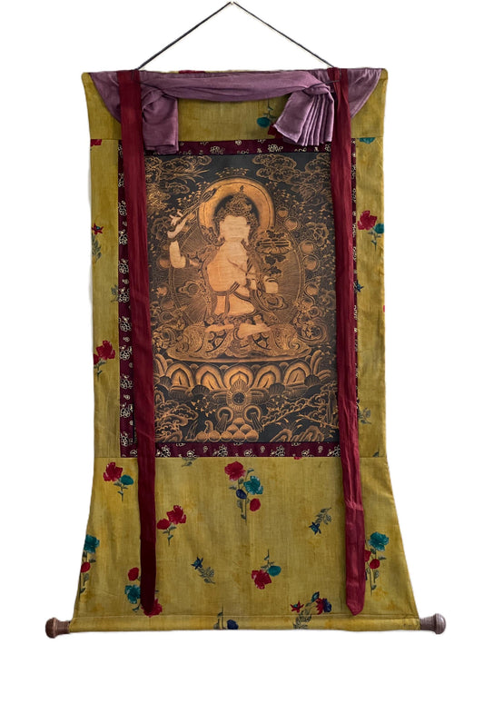 Original Hand-Painted Manjushri Bodhisattva Thangka Painting | Tibetan Compassion Meditation Art | Oil-Varnished with Cotton Brocade