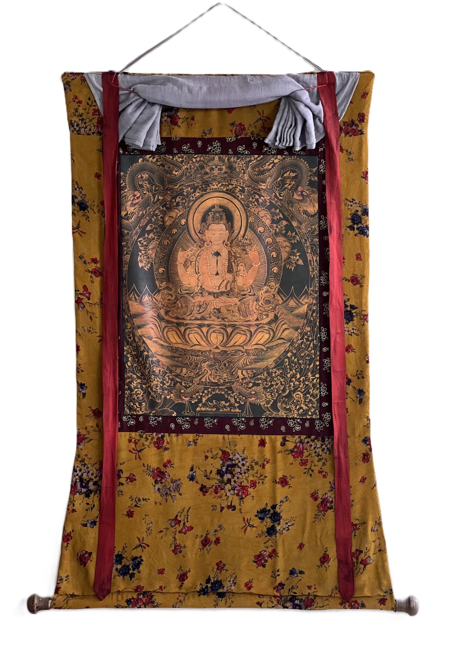 Hand-Painted Chenrezig Avalokiteshvara Compassion Buddha Thangka | Vintage Oil-Varnished Tibetan Painting with Cotton Brocade Frame