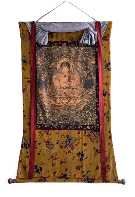 Hand-Painted Chenrezig Avalokiteshvara Compassion Buddha Thangka | Vintage Oil-Varnished Tibetan Painting with Cotton Brocade Frame