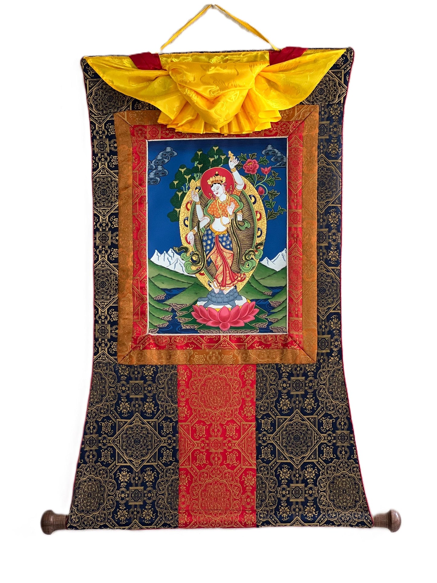 Hand-Painted Goddess Lakshmi Thangka – Nepalese Hindu Art with Silk Border
